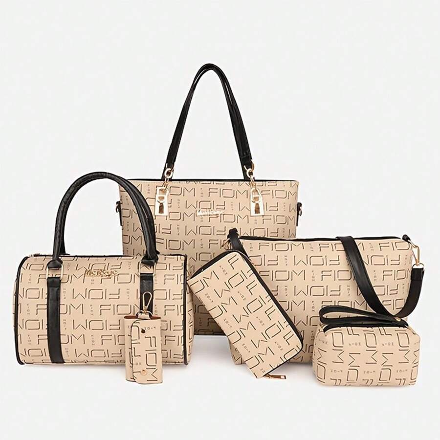 Women's Fashion Handbag Set 6 Faux Leather Women's Bag Cute Butterfly Chain Shoulder Backpack - 米色-黑色 - 查看 1