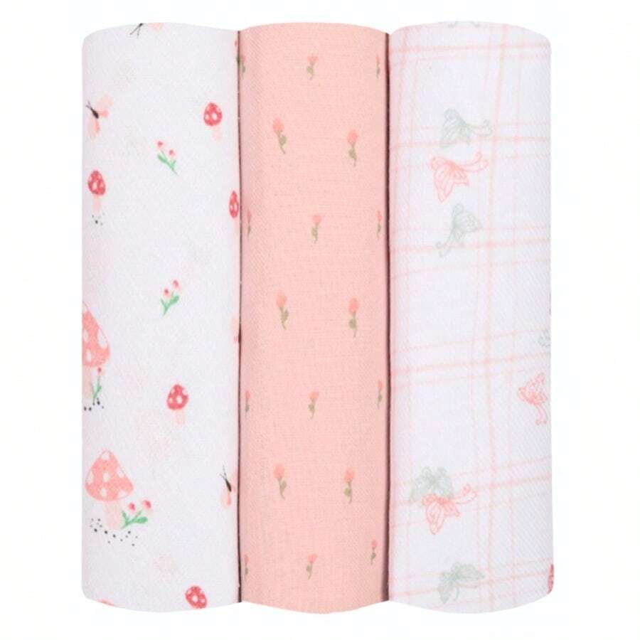 3 Piece Flannel Blanket Kit 80x80 Pink Mushroom Print Girl 100% Cotton Soft Newborn Baby Layette - 淺粉色 - 查看 1