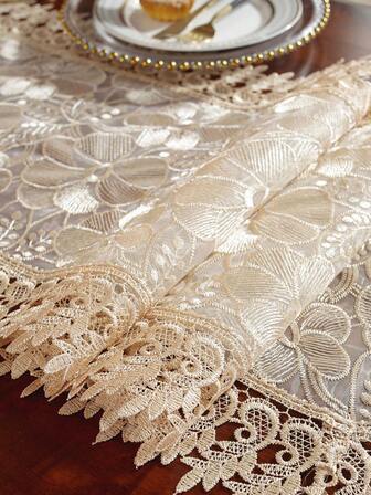 100% Polyester Fabric, Full Embroidery, Khaki Table Runner/Placemat, Embroidered Craftsmanship, Dining Table Runner/Placemat, Home Decor, Holiday Decoration, Suitable For All Seasons, Desk, Coffee Table, Vanity, Decor, Home Furnishing Table Runner, Pad, Living Room, Bedroom, Yard, Indoor Outdoor, Outdoor Furniture, Camping, Villa, Holiday, Party, Family Gathering, Holiday Decoration, Party/Wedding Decorations, 1pc