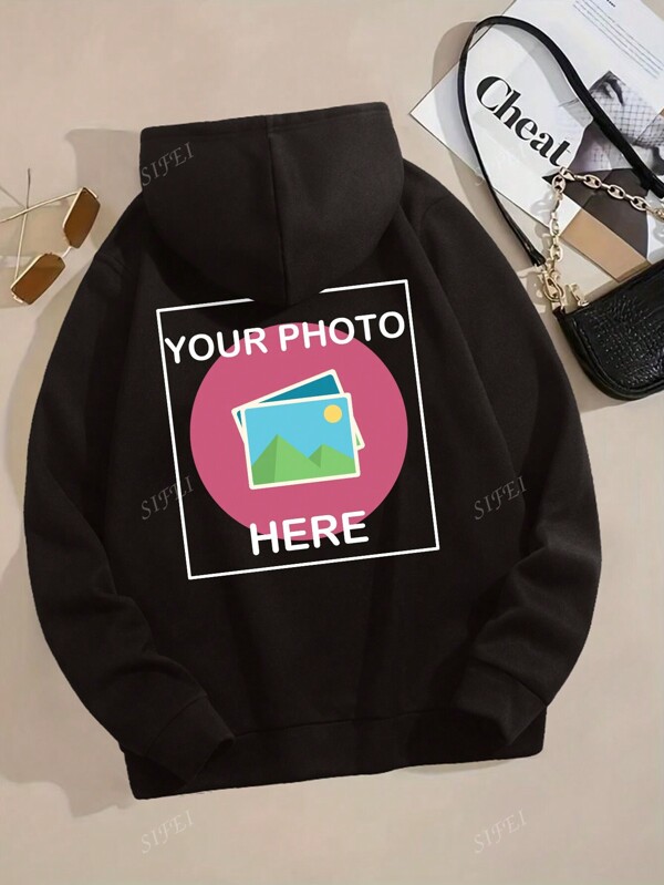 Customized Photo Y2K Women's Hoodie, Customize Photos Of Friends/Family/Couples/Pets/Landscapes, Personalized For Birthday/Anniversary/Valentine's Day, Halloween/Christmas Custom Patterns, Women's Black Casual Pullover Fleece Hoodie Jacket For Autumn/Winter, Music Festival Outfit, Fall/Winter Clothing, Party/Family Gathering Attire, Winter Women's Wear, Birthday Gift