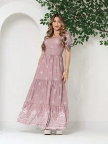 Women's Long Dress With Short Sleeves And Print - 藕粉色 - 查看 1