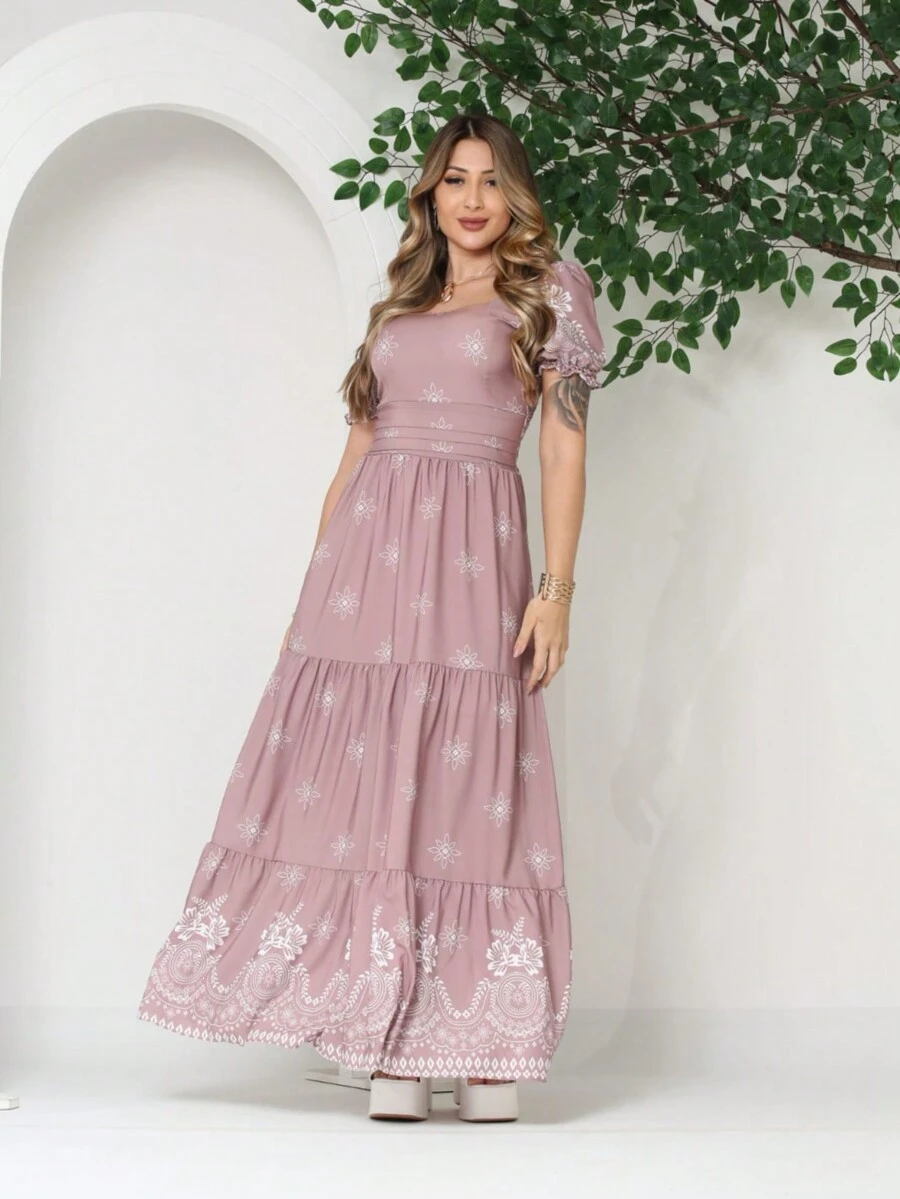 Women's Long Dress With Short Sleeves And Print - 藕粉色 - 查看 1