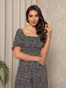 Long Dress With Puffed Sleeves Elastex Print - Black - View 3