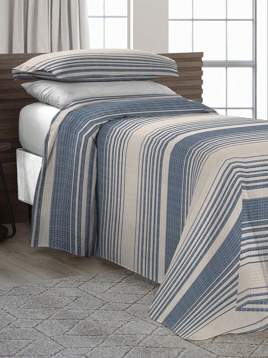 Bedspread Piquet Seville Single 2 Pieces Cotton Fabric Various Colors - Blue - View 1