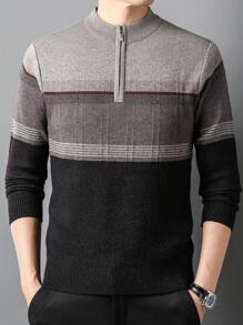 Men's Thick Zip-Up Collar Knitted Sweater, Winter - Camel - View 1