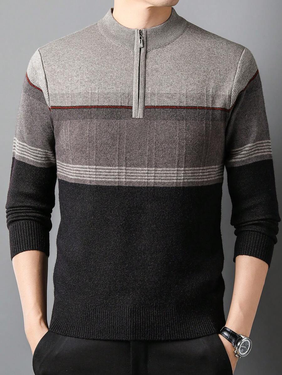 Men's Thick Zip-Up Collar Knitted Sweater, Winter - Camel - View 1