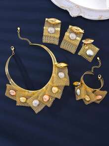 5 件/套铜 18k 镀金夸张优雅项链耳环戒指手链首饰套装，适合日常装饰或送礼 - 金黃色 - 查看 7