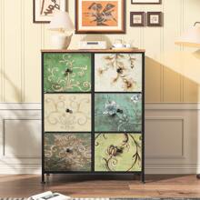 Commode à 6 tiroirs, buffet bohème avec plateau en bois et structure en métal, meuble TV avec tiroirs en tissu, commode pour salon, chambre, couloir