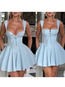 Women's Mini Corset Dress A-Line Deep V Neck Backless Ruffle Hem Sleeveless Dress For Party Club - 藍色 - 查看 2