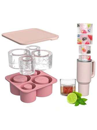 1pc Silicone Cup Holder, Designed For Sports Water Bottle, Multi-Color Options With Lid; Silicone Ice Cube Tray, Makes 4 Hollow Cylindrical Ice Cubes, Fits 30-40 Oz Cups