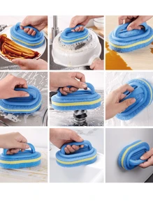 Powerful Sponge Scrub Brush For Multi-Purpose Cleaning, Including Bathroom, Kitchen And Floor, With Productivity For Cleaning Oil Stain On Bath Tub, Tile, Stove And Glass - Blue 3-layer Sponge Handle Brush - View 7