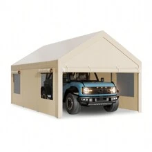 10FT Heavy Duty Carpor, With Removable Sidewalls & Doors,Roll-Up Windows Car Canopy With Sandbags And All-Season Tarp For Car Boat Truck Motorcycle - Khaki - View 8