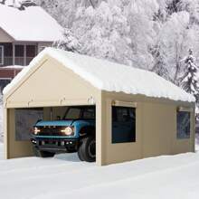 10FT Heavy Duty Carpor, With Removable Sidewalls & Doors,Roll-Up Windows Car Canopy With Sandbags And All-Season Tarp For Car Boat Truck Motorcycle - Khaki - View 7