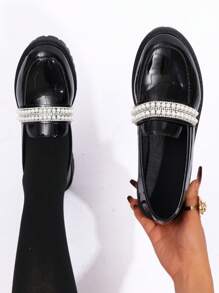 Giày lười màu đen mới cho nữ, giày đế bằng da bóng Pearly Retro Mary Jane - màu đen - Xem 3