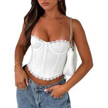 Women Bustier Corset Tops Lace Trim Cropped Camisole Top Back Zip Shirt Sexy Going Out Party Club Top - 白色 - 查看 4