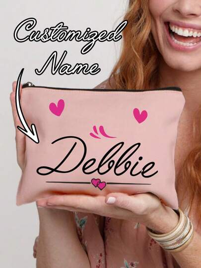 1pc Printed With A Heart-Shaped Pattern And Customized Name Makeup Bag, Customizable To Your Exclusive Design, Storage Bag, Toiletry Bag, Handbag, Also Perfect For Coin Purse, Pencil Case, Girl'S Gift, Lightweight Foldable Storage Bag,New Year Glamour