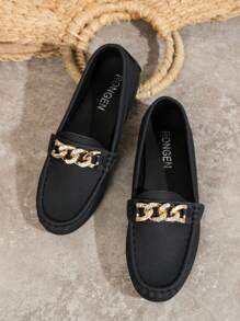 Wide Fit Women's Flat Loafer Shoes, Outdoor Comfort Khaki/Black Leather Texture, Rhinestone Chain Decor Slip-On Classic Round Toe Casual Moccasins - Black - View 5