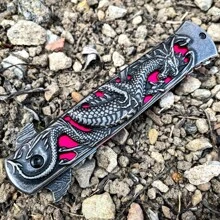 Survival Camping Knife, Dragon Engrave Handle, Blue/Red Style, With Pocket Clip Good For Outdoor And Collection Knives,Back To School,School Supplies