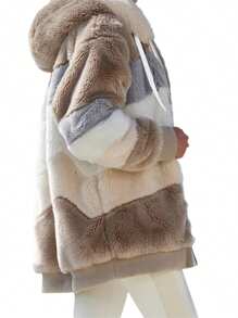 Women Contrast Color Hooded Coat, Long Sleeve Zip-Up Plush Tops For Spring, Autumn - Khaki - View 2
