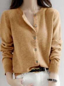 Áo len cardigan dệt kim cổ tròn một hàng khuy, màu trơn, thu/đông - Lạc đà - Xem 1