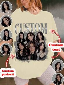 Oversized Custom T-Shirt Shirt, Gift For Girlfriend/Wife, Valentine's Day Gift - Add Your Own Text & Pictures (Family Photo/Selfie/Pet Photo/Friends Photo/Party Photo) To Design Your Own Personalized Printed T-Shirt, Great For Baby/Couple/Family/Pet Photos, Anniversary, Valentine's Day, Christmas, Thanksgiving, New Year Designs, Logo|Business|Wedding Gift|Party |Birthday Gift|Halloween Costume|Christmas Costume - Apricot - View 1