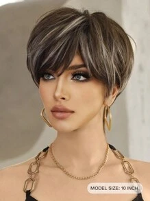 7JHH WIGS 10 英寸棕色短发女士假发 - 优雅超短分层假发，带刘海，混合米色挑染，天然合成耐热纤维夏季假发，适合日常佩戴、音乐节庆祝活动