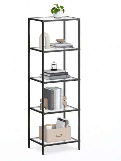  VASAGLE Estantería de Cristal de 5 Niveles, Librería, Expositor, CCristal templado, Fácil de Montar, para Baño, Salón, Dormitorio, Oficina, Negro