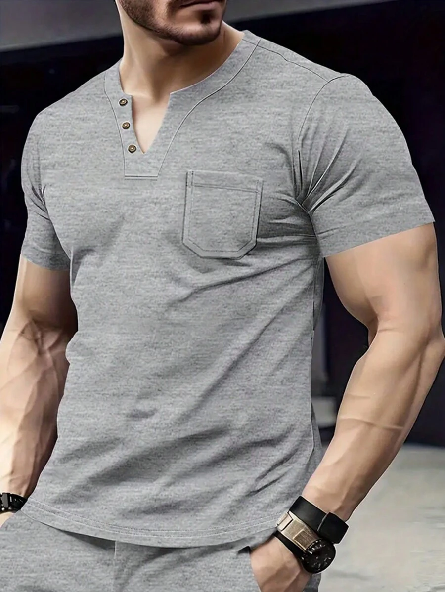 Men's Casual Solid Color Notched Neck Knit T-Shirt - Grey - View 1