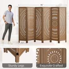 Wood Room Divider Panel, 6 Panel Room Divider Screens, Portable Room Divider Wall, 5.6 FT Tall Divider Room, Carved Room Divider, Folding Room Divider For Room Separation Home Bedroom Office Portable Freestanding - 棕色 - 查看 4