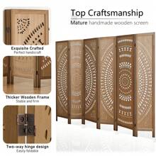 Wood Room Divider Panel, 6 Panel Room Divider Screens, Portable Room Divider Wall, 5.6 FT Tall Divider Room, Carved Room Divider, Folding Room Divider For Room Separation Home Bedroom Office Portable Freestanding - 棕色 - 查看 2