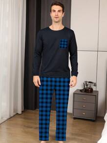 Two Pieces Sets Men's Sleepwear Autumn And Winter Long Sleeved Pants Checkered Pattern Home Clothes Sleepwear Set - Blue - View 5