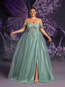 Faeriesty Plus Off Shoulder Tie Back Sheer Mesh Bodice Formal Prom Dress, Party Dress, Wedding Guest Dress, Evening Dress,Gown - Green - View 4