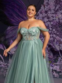 Faeriesty Plus Off Shoulder Tie Back Sheer Mesh Bodice Formal Prom Dress, Party Dress, Wedding Guest Dress, Evening Dress,Gown - Green - View 9