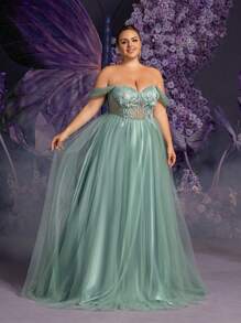 Faeriesty Plus Off Shoulder Tie Back Sheer Mesh Bodice Formal Prom Dress, Party Dress, Wedding Guest Dress, Evening Dress,Gown - Green - View 7