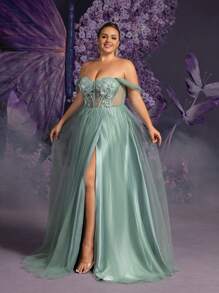 Faeriesty Plus Off Shoulder Tie Back Sheer Mesh Bodice Formal Prom Dress, Party Dress, Wedding Guest Dress, Evening Dress,Gown - Green - View 6