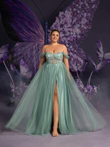 Faeriesty Plus Off Shoulder Tie Back Sheer Mesh Bodice Formal Prom Dress, Party Dress, Wedding Guest Dress, Evening Dress,Gown - Green - View 8