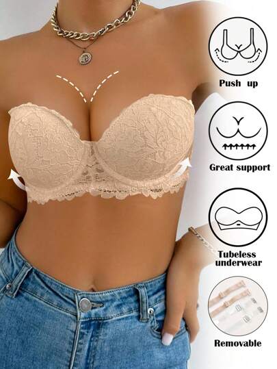 蜜桃女孩卡其色性感蕾丝边女士内衣文胸，钢圈，上托，可拆卸肩带，适合小胸
