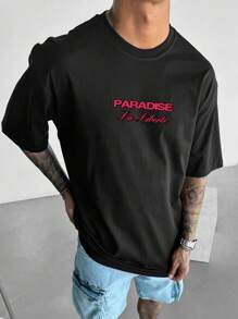 男士简约天使翅膀印花圆领短袖黑色 T 恤，夏季