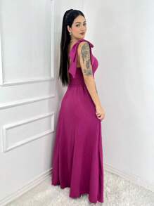 Long Luxury Plain Linen Dune Dress With One Shoulder Bow - Màu Hoa hồng đỏ - Xem 2