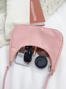 1pc Kids Nylon Basic Shoulder Bag, Minimalist Sling Bag, Solid Color Zipper Underarm Bag, Crossbody Bag Suitable For College Students/Girls/Teenagers, Holiday/Vacation, University/College Classroom - Pink - View 5