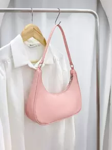 1pc Kids Nylon Basic Shoulder Bag, Minimalist Sling Bag, Solid Color Zipper Underarm Bag, Crossbody Bag Suitable For College Students/Girls/Teenagers, Holiday/Vacation, University/College Classroom - Pink - View 6