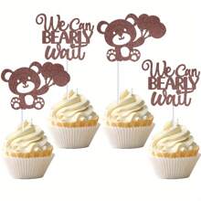 24 件“我们可以等”金色闪光气球熊纸杯蛋糕装饰 - 非常适合性别揭晓和生日蛋糕装饰派对装饰用品