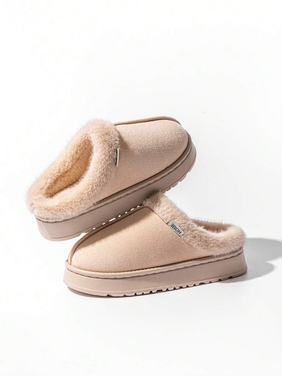 Dép lông thời trang mới cho nữ, đế dày thoải mái, mũi kín, lót lông, đế xuồng thông thường cho mùa thu đông - Màu be - Xem 1
