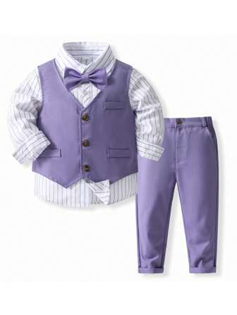 KIMOCAT Young Boy Suit With Striped Long Sleeve Shirt & Vest & Pants For Performace Flower Boy Dress