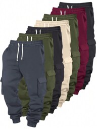 7 paquets Pantalons cargo de couleur unie pour hommes, pantalons décontractés et amples avec cordon de serrage à la taille, coupe régulière
