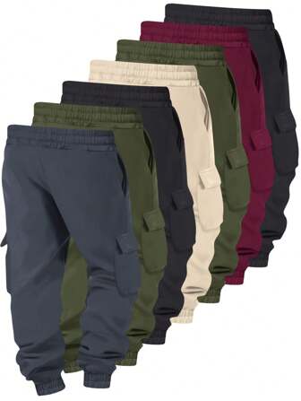 7 paquets Pantalons cargo de couleur unie pour hommes, pantalons décontractés et amples avec cordon de serrage à la taille, coupe régulière