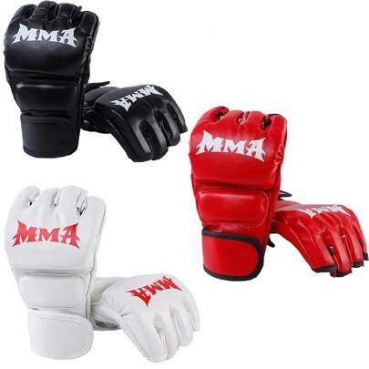 一双成人半指 MMA 拳击训练手套，适用于散打、泰拳、MMA、UFC 等运动。白色、红色、黑色