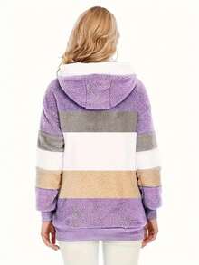 大码条纹毛绒连帽大衣 - 柔软、温暖、舒适的长袖拉链大衣，适合秋冬季 - 适合寒冷天气的女士休闲外套