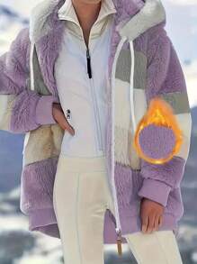 大码条纹毛绒连帽大衣 - 柔软、温暖、舒适的长袖拉链大衣，适合秋冬季 - 适合寒冷天气的女士休闲外套