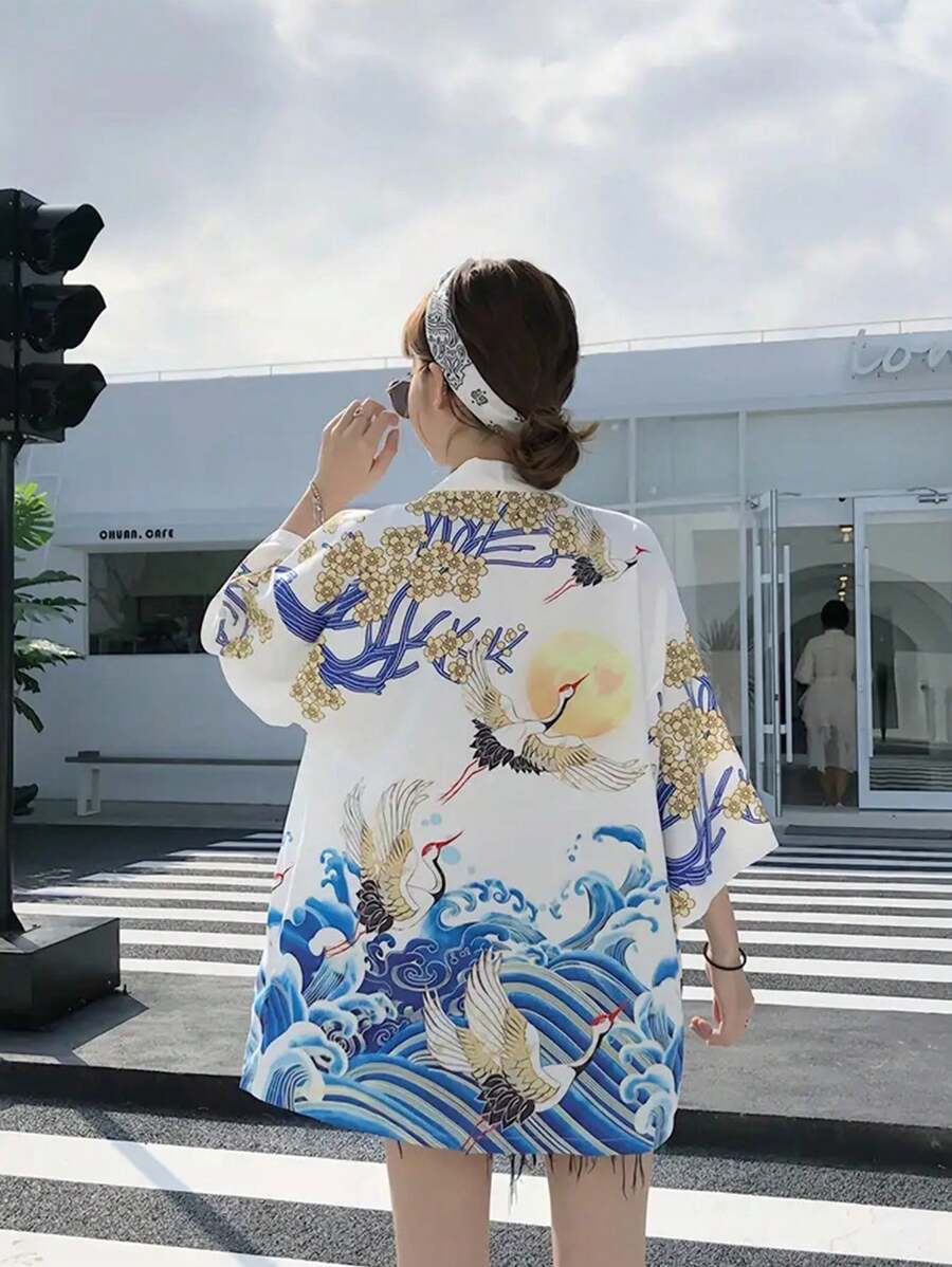 休闲度假旅行防晒宽松罩衫外套改良和服男女通用轻便外套日式美学鹤印花舞台表演制服披肩 - 白色 - 查看 1